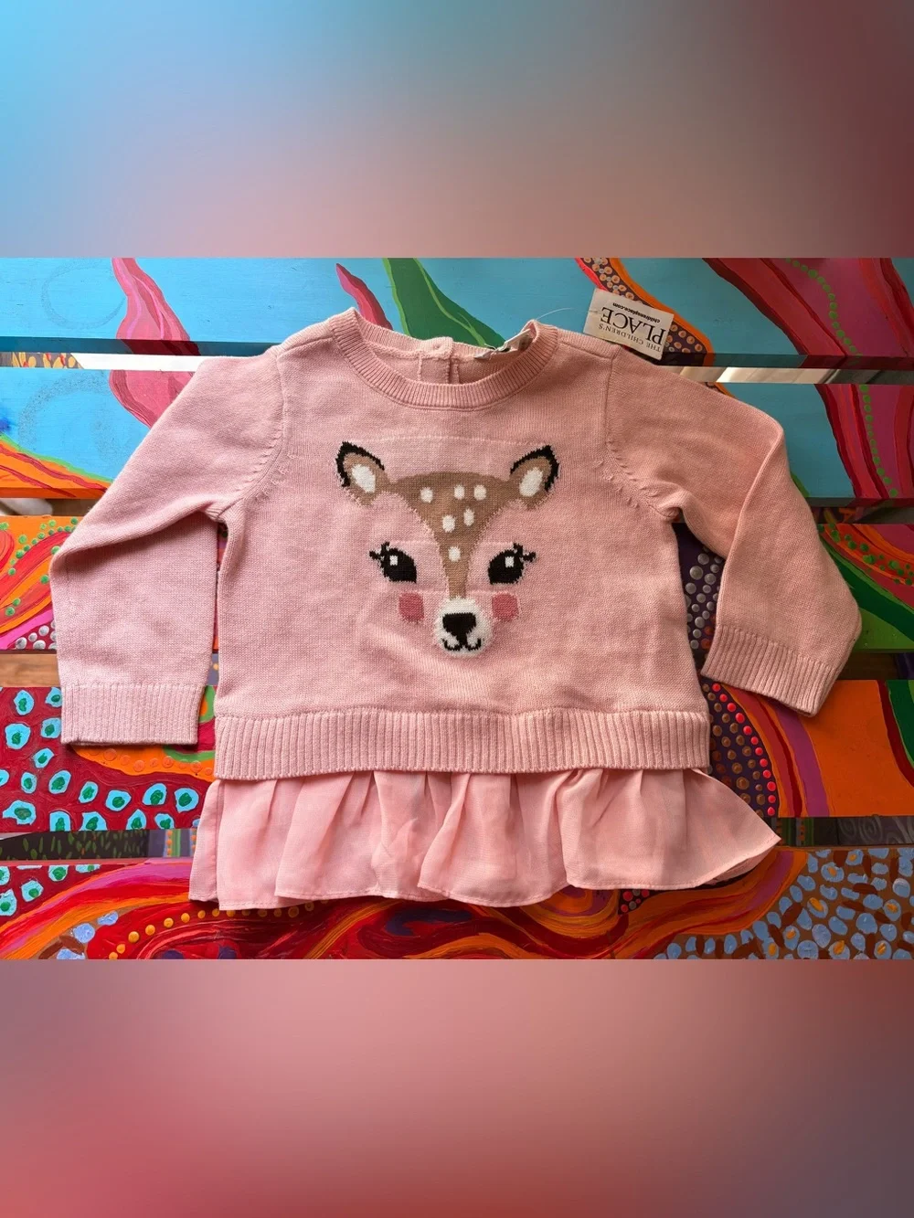 The Children's Place Pink Deer Knit Sweater with Chiffon Ruffle Size 12-18 Month